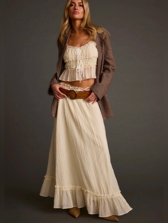 12th Tribe Dresses & Skirts - 12th Tribe Dahlia Baby Yellow Cream Ruffled Maxi Skirt Elegant Boho Style, M